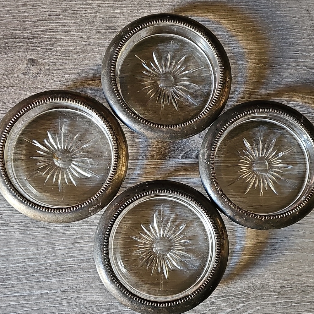 Vintage Silver and Glass Coasters Set of 4 Leonard"  "Italy".